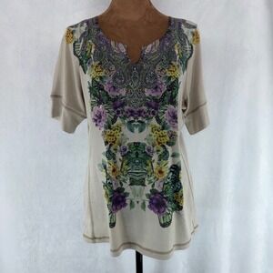 Live and Let Live Womens Butterfly Floral Rhinestone Graphic Top Beige Large